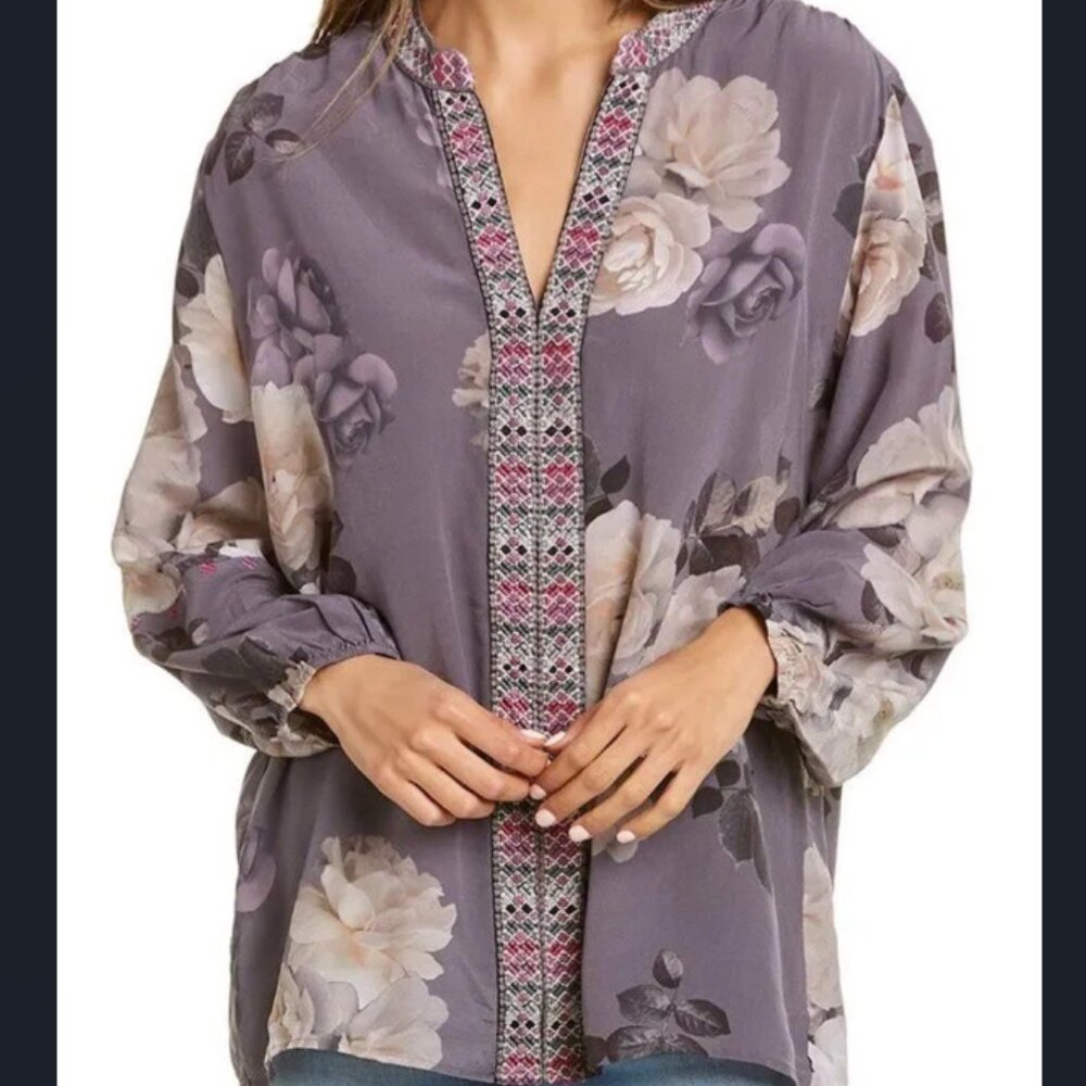 Johnny Was Paris Effortless Silk Blouse Lavendar Purple Xsmall rose white tunic - Picture 3 of 11